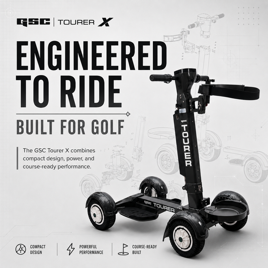 GSC Tourer X electric scooter with text highlighting features on a light gray background