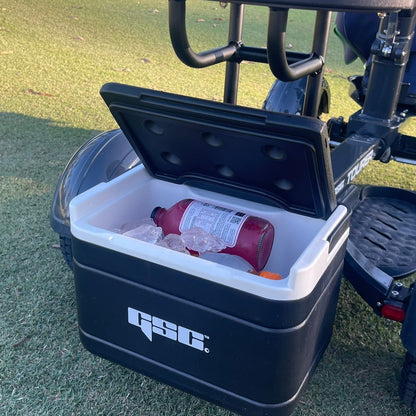 Black cooler attached to the GSC Tourer X on a grassy field