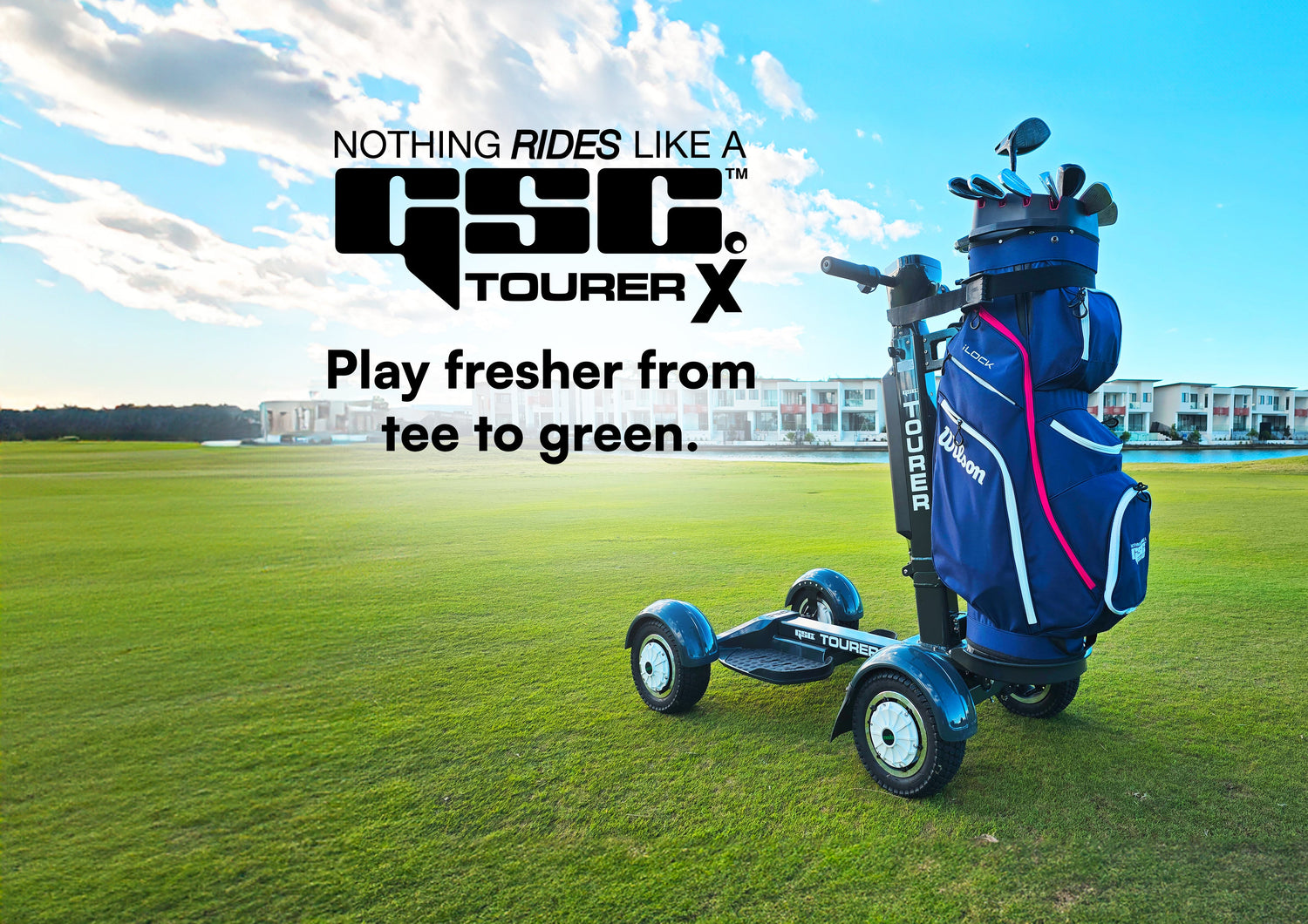 Golf bag with trolley on a golf course with promotional text for GSC Tourer X.