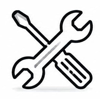 Black and white icon of a wrench and screwdriver crossed over each other on a white background